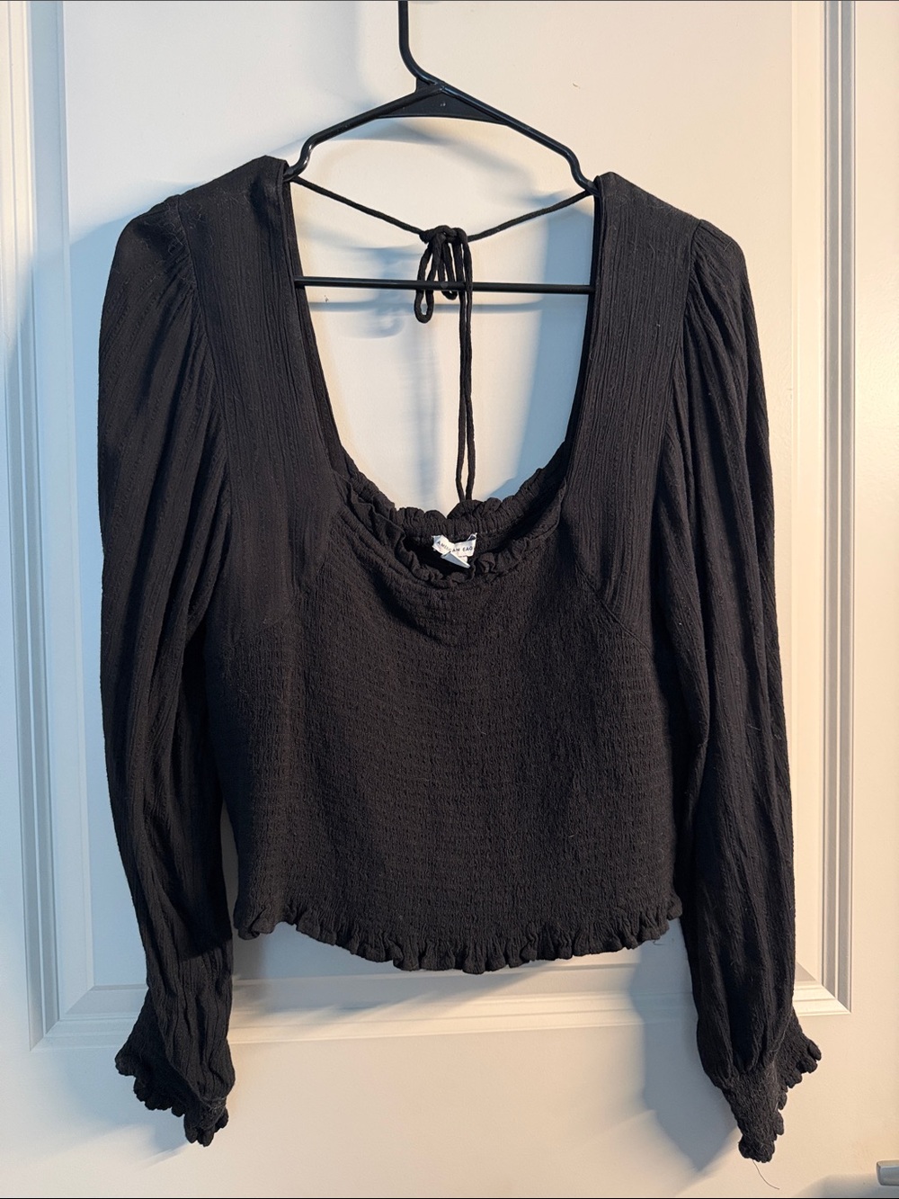 American Eagle Outfitters Black Long-Sleeve Square Neck Tie-Back Top